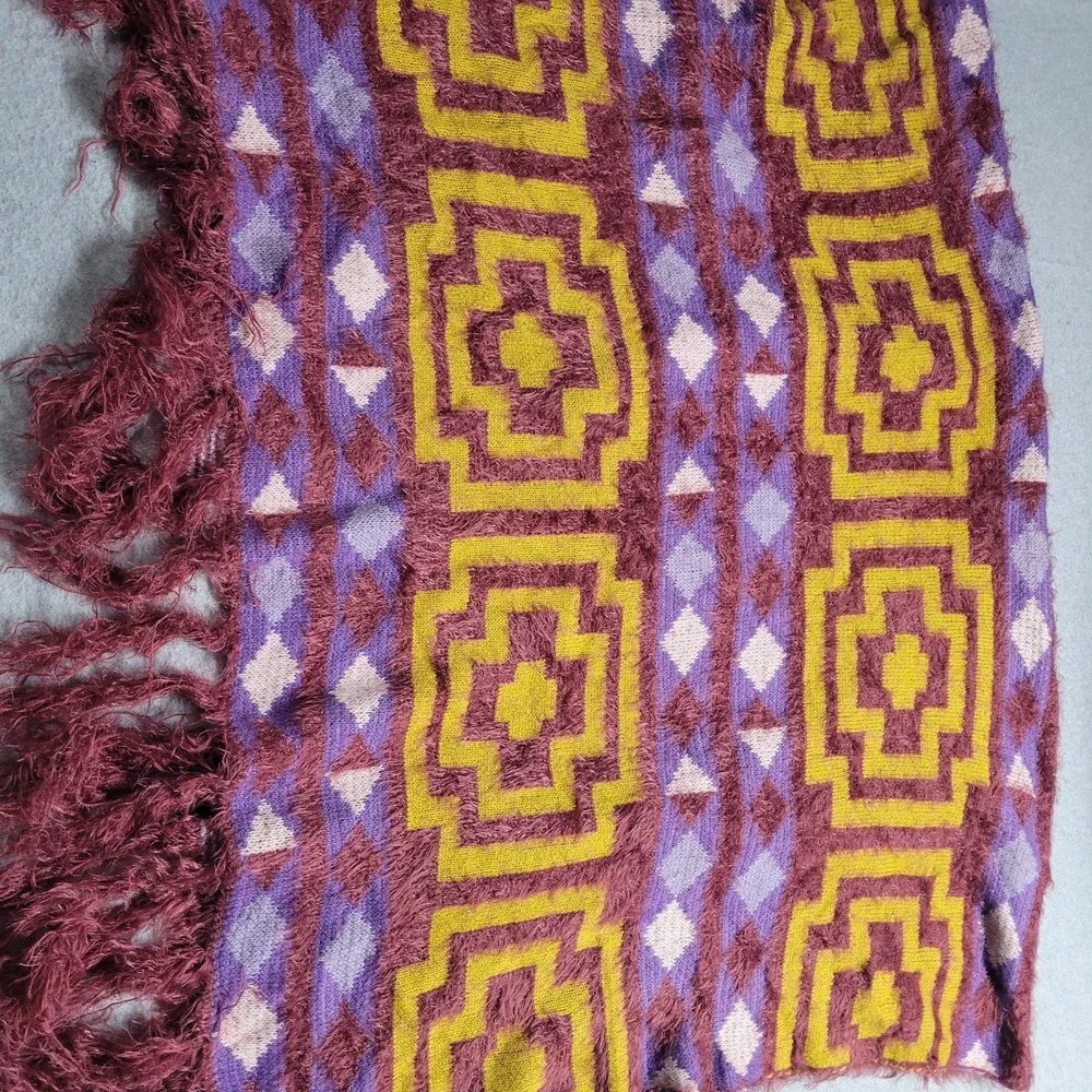 Free People Fuzzy Geometric Southwestern Fringe Poncho Wrap Purple Mustard OS